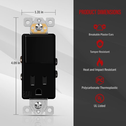 ENERLITES Switch and Outlet Combo, Combination Decorator Paddle Switch 15A/120VAC with Tamper-Resistant Receptacle Outlet 15A/125VAC, Residential/Commercial Grade, UL Listed, 68625-TR-BK, Black