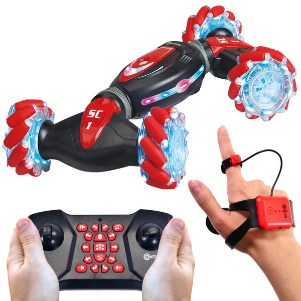 Contixo SC1 All Terrain Speed Crawler RC Stunt Car, 4WD 2.4GHz Remote Control Car, Gesture Sensor Toy Cars, Double Sided Rotating 360° Flip Offroad Vehicle with Lights Music, Kids Toy Cars, Red