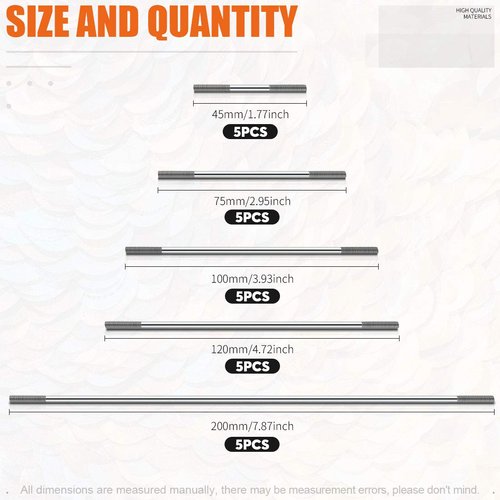 Rustark 25 Pcs M3 304 Stainless Steel Pushrod Connector Set Double End Threaded Rod for DIY RC Car, Boat, Car, Airplane, Helicopter Model(45mm, 75mm, 100mm, 120mm,200mm)