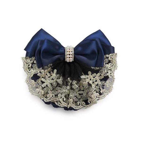 2Pcs Professional Hair Bun Cover Net Snood Hairnet Bowknot with Fan-shaped Lace Pearl Crystal Decoration Barrette Hair Clip Hair Accessories for Womens Nurse Stewardess with Work Clothes (Blue)