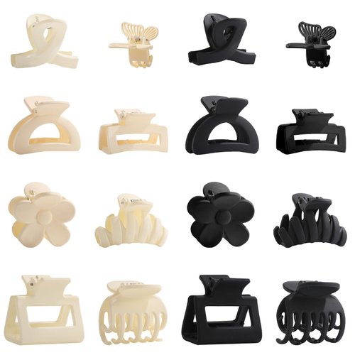 LifeDawn 16Pcs Hair Clips for Women: 8 Styles Matte Claw Clips for Thin/Medium Thick Hair, Flower, Rectangle, Butterfly Hair Accessories in Black and White
