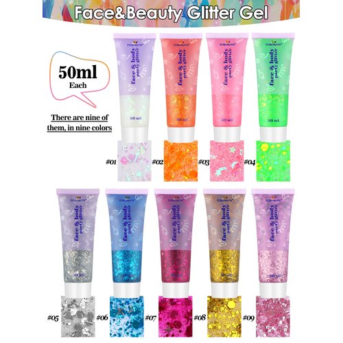 9Colors Face Body Glitter Gel TOROKOM Sparkling Holographic Face Glitter Gel Mermaid Cosmetic Glitters Flakes Gel Long Lasting Chunky Glitter for Music Festival Rave Glitter Eye Lip Hair Nail Body