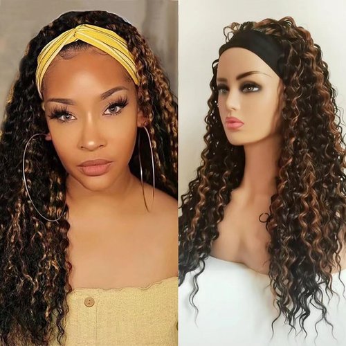 Auflaund Highlight Curly Headband Wig Deep Wave Synthetic 2 Tone Long Layered Brown Wigs for Afro Black Women Glueless Hair Band Curly Wig 24 Inch