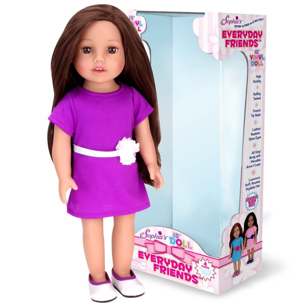 Sophia's 18 inch Doll Brooklyn with Light Medium Skin Tone, Brunette Hair, Brown Eyes, Purple T-Shirt Dress & Matching Doll Shoes, Vinyl 18" Girl Doll, Everyday Friends Collection