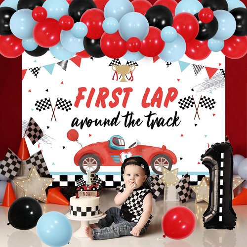 Sursurprise Fast One Birthday Decorations, Race car 1st Birthday Party Supplies, First Lap Around the Track Backdrop Vintage Racing Balloon Garland Arch Kit for Boys First Birthday