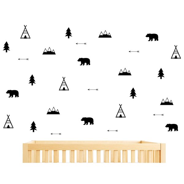 Woodland Wall Decal, Bears, Arrow, Teepees, Trees and Mountains Decor, Matte Vinyl Wall Stickers for Baby Bedroom, Nursery Wall Decals(Y05) (Black)