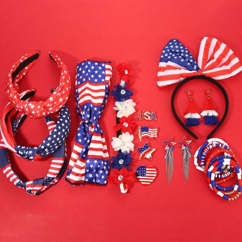 ARATLENCH American Flag 4th of July Knotted Headband Bow Head Band Headpieces USA Star Tassel Earrings Red White Blue Flower Choker Bracelets Fourth of July Patriotic Broches Jewelry Accessories Gift