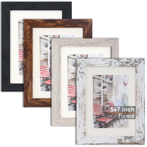 Fixwal 5x7 Picture Frame 4 Pack Distressed Vintage Farmhouse Wood Pattern Set, Display Pictures 4x6 with Mat or 5x7 Without Mat for Wall Decor or Table Display