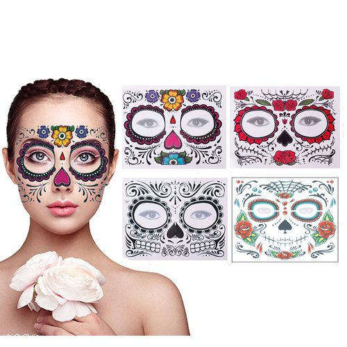 4 Pack Day of the Dead Sugar Skull Face Temporary Tattoo Halloween Makeup Tattoo Stickers for Halloween Masquerade Party(Floral, Red Roses,Black and Floral Skeleton)