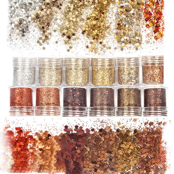 Laza Nail Glitter - 12 Color Acrylic Art Glitters, Copper Iridescent Flakes for Gel Polish, Face, Eyes - 120g