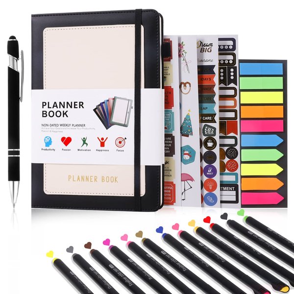 Update Pu Leather Monthly&Weekly Life Planner Organizer Notebook Gratitude Journal Productivity Journal with Pen,12 Colors Fineliner Pen&Stickers Time Management for Men&Women(Black).