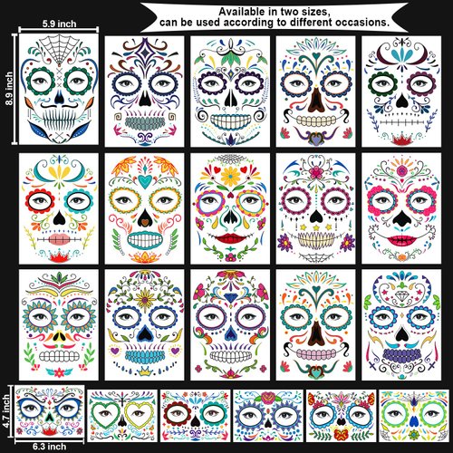 Partywind Day of the Dead Temporary Face Tattoos for Kids Adults, Make Up Tattoo Stickers for Halloween Day of the Dead Decorations Costume, Halloween Party Supplies Favors (21 Styles)