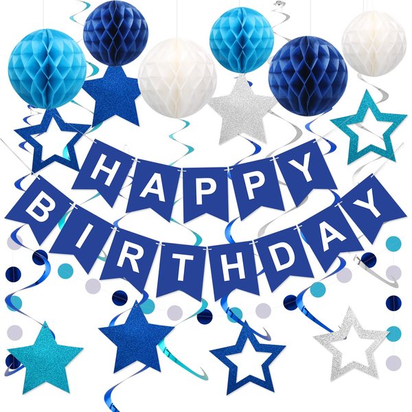 meowtastic Birthday Decorations, Happy Birthday Banner with Honeycomb Balls, Stars Hanging Swirl Streamers, Circle Dots Garland, Happy Birthday Party Decorations for Women Men Boys Girls (Navy Blue)