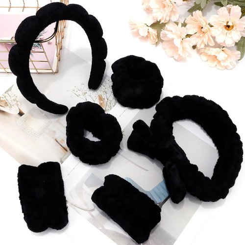 AOPRIE SPA Headbands for Washing Face Makeup Headbands with Bow Hair Band Women Facial Head Band Wrist Towel Wraps For Shower Face Mask Black, 6 Pack