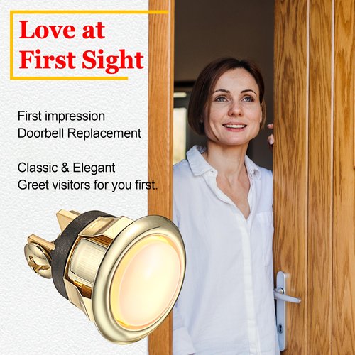 Dreyoo 2 Pack Lighted Doorbell Button Replacement, Easy to Install Wired Doorbell Button Push Door Bell Ringer Kit Round Rim with Lighted Center (Gold, Yellow Light)