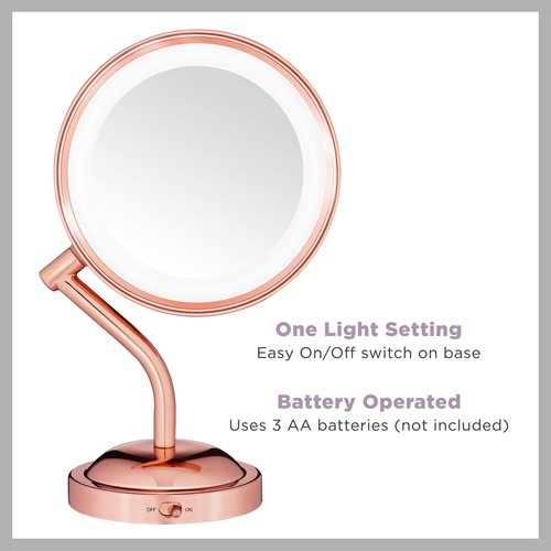 Conair Lighted Makeup-Mirror with Magnification, LED Vanity-Mirror, 1X/5X Magnifying-Mirror, Double Sided-Mirror, Operated in-Battery Rose Gold