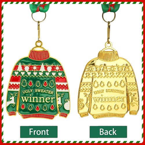 Abaokai 3 Pieces Christmas Ugly Sweater Medal Christmas Style Neck Ribbon, Award Contest Medals Christmas Tree Ornament for Ugly Sweater Contest Party, Best Ugly Christmas Sweater Trophy Award