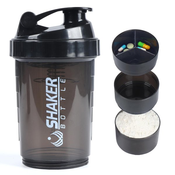 VIGIND Protein Shaker Bottle,Sports Water Bottle,Leak Proof Shake Bottle For Protein Mixer- Non Slip 3 Layer Twist Off 3oz Cups with Pill Tray - Protein Powder 16 oz Shake Cup with Storage,Black