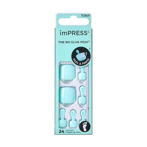 KISS imPRESS No Glue Pedi Press-On Nails, Toenails, Fruitful', Light Blue, Short Size, Squoval Shape, Includes 24 Nails, Prep Pad, Instructions Sheet, 1 Manicure Stick, 1 Mini File