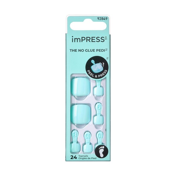 KISS imPRESS No Glue Pedi Press-On Nails, Toenails, Fruitful', Light Blue, Short Size, Squoval Shape, Includes 24 Nails, Prep Pad, Instructions Sheet, 1 Manicure Stick, 1 Mini File