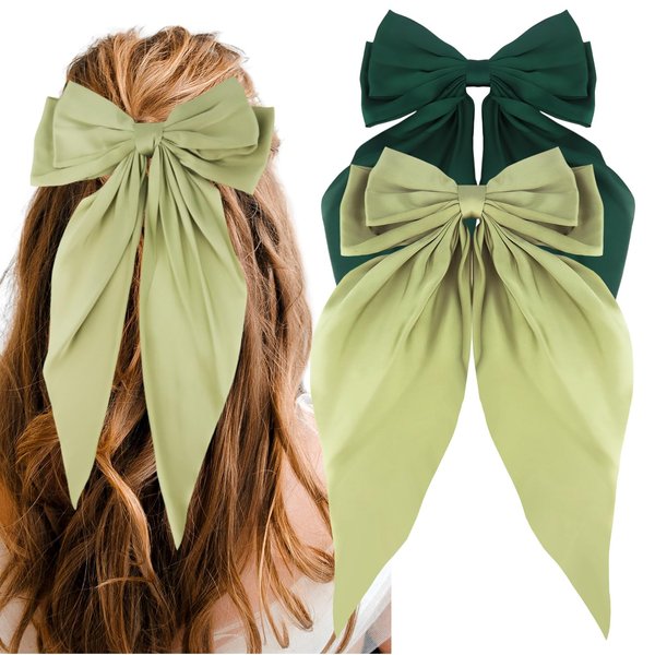 2Pcs Green Hair Bow Clips Hair Bows for Women Silky Satin Hair Bows for Girls Cute Oversized Long Tail Bow Hair Clip Big Hair Bows Aesthetic Coquette Bows Hair Ribbon Hair Accessories