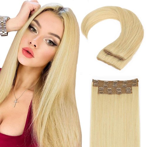 Sué Exquisite Straight Hair Extensions Clip in Long Synthetic Hair Extensions 20 inches Thick Hairpieces for Women (20 Inch, ST-Blonde Mix Beige)