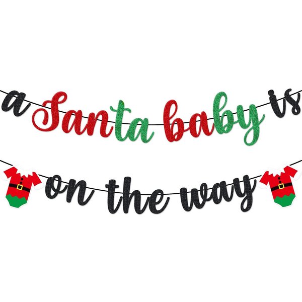 Christmas Santa Baby Shower Decorations, A Santa Baby Is On The Way Banner, Santa Baby Banner Red Green Glitter, Christmas New Year Baby Shower Birthday Party Decorations