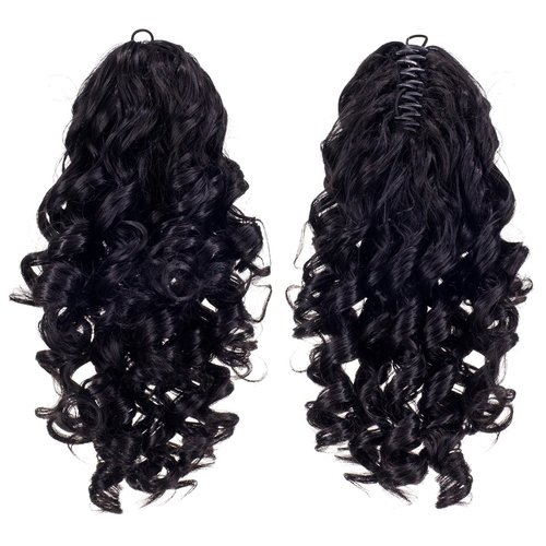 SWACC 12-Inch Short Screw Curls Claw Clip Ponytail Extensions Synthetic Clip in Drawstring Curly Ponytail Hairpiece Jaw Clip Hair Extension (Off Black-1B#)