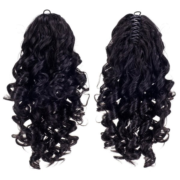 SWACC 12-Inch Short Screw Curls Claw Clip Ponytail Extensions Synthetic Clip in Drawstring Curly Ponytail Hairpiece Jaw Clip Hair Extension (Off Black-1B#)