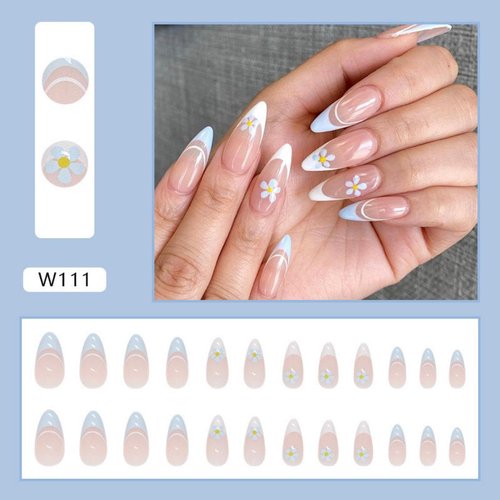 Daisy Press on Nails Medium Almond Fake Nails Full Cover White French tip False Nails with Design Flower Stick on Nails Spring Summer Light Blue Glue on Nails Acrylic Nails for Women Girls Manicure
