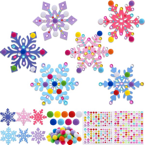 Jetec 30 Sets Snowflake Craft Kit for Kids DIY Winter Snowflake Make Your Own Snowflake Gem Sticker Pompoms Kits for Kids Winter Christmas Party Favor Children Fun Home Classroom Activities