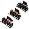 LONEEDY 3PCS Strong Hold Hair Claw Clips, Rhinestone Flower Double Teeth Jaw Clips (Purple + Pink + Gold (Medium))