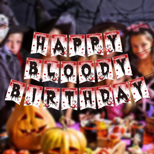 Horror Themed Birthday Party Banner – Halloween Happy Birthday Banner, Red and Black Halloween Birthday Party Decorations Halloween Party Supplies