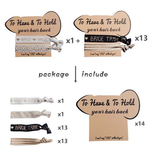 Bachelorette Party Favors, 14 Pack Hair Ties Party Supplies, 28 Hair Ties, Bride and Bridesmaids Hair Accessories for Bridal Shower, and Wedding Decorations, White Rose Gold Hair Bands for Pink