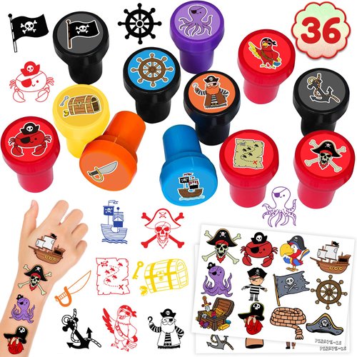 36PCS Pirate Party Favors 24 Tattoos Sticker 12 Stamp Set - Ideal Captain, Island, Black flag Themed Birthday Decor Supplies Goodie Bag, Classroom Gifts, Cute Rewards for Girls, Baby Shower Prizes