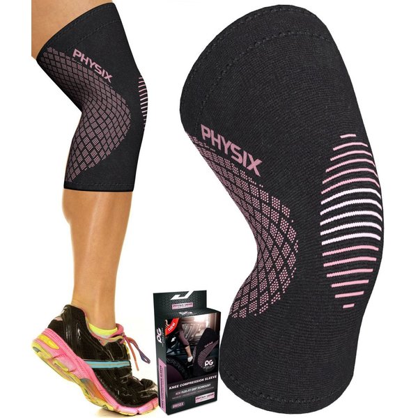 PHYSIX GEAR Knee Support Brace - Premium Recovery & Compression Sleeve for Meniscus Tear, ACL, MCL Running & Arthritis - Best Neoprene Stabilizer Wrap for Crossfit, Squats & Workouts (Single Pink L)