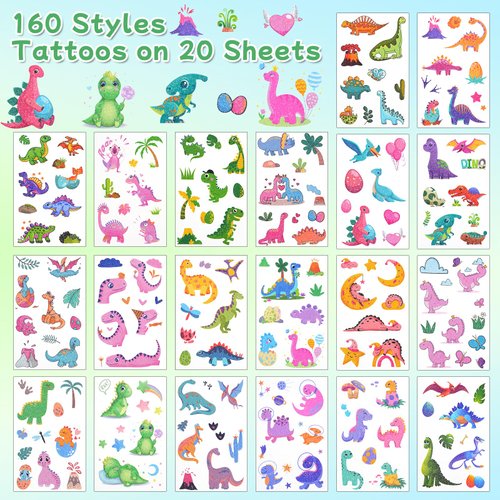 Ozepao Dinosaur Glitter Temporary Tattoos for Kids - 160 Styles - Dino Party Favors, Birthday Party Supplies, T-rex Decorations
