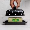 Handmade Ceramic European Covered Butter Dish With Lid | Unique Black and White Polka Dot Pottery Butter Keeper | Housewarming Gift by City to Cottage