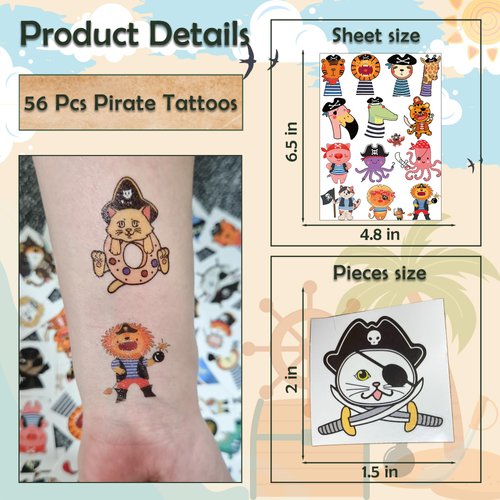 56 PCS Pirate Temporary Tattoos for Party Supplies, Temporary Tattoo Stickers for Birthday, Shark Tattoos Party Favor Activities, Waterproof Birthday Temporary Tattoos. (Animal Multi Color)
