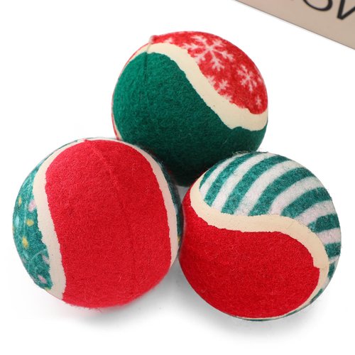 LUCKITTY 3 Packs Christmas Dog Tennis Balls Interactive Toy Puppy for Small Medium Dogs Training Playing- Red, White, and Green Color Blocking Patterns 2.5 Inch