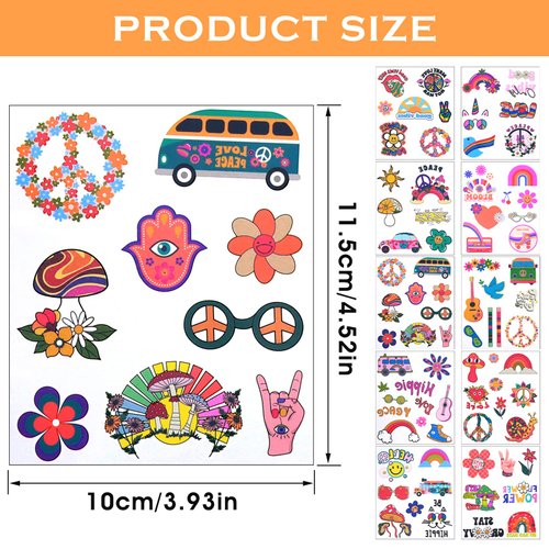 158 Pcs Hippie Temporary Tattoos, Face Tattoos Stickers Love and Peace Rainbow Temporary Tattoos Hippie Tattoos for Kids Women Man Adult Hippie Costume Accessories Party Decorations