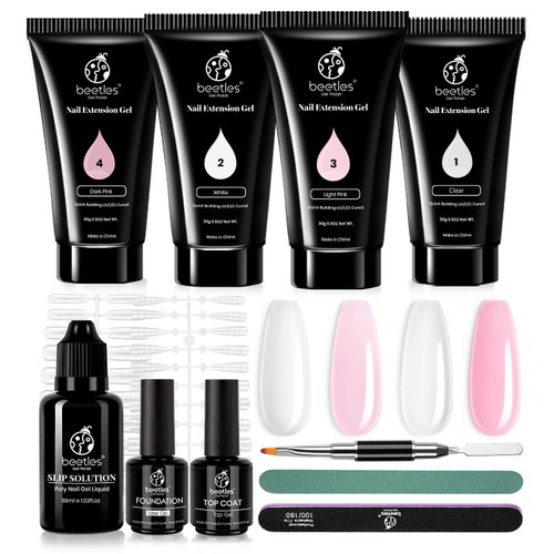 Beetles Poly Nail Extension Gel Kit, 4 Colors Pink White Poly Nail Gel Builder Sheer Pink Nail Gel Clear Nail Art Kit with Poly Brush and Slip Solution Nail Salon All In One French Poly for Women