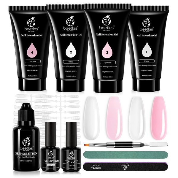 Beetles Poly Nail Extension Gel Kit, 4 Colors Pink White Poly Nail Gel Builder Sheer Pink Nail Gel Clear Nail Art Kit with Poly Brush and Slip Solution Nail Salon All In One French Poly for Women