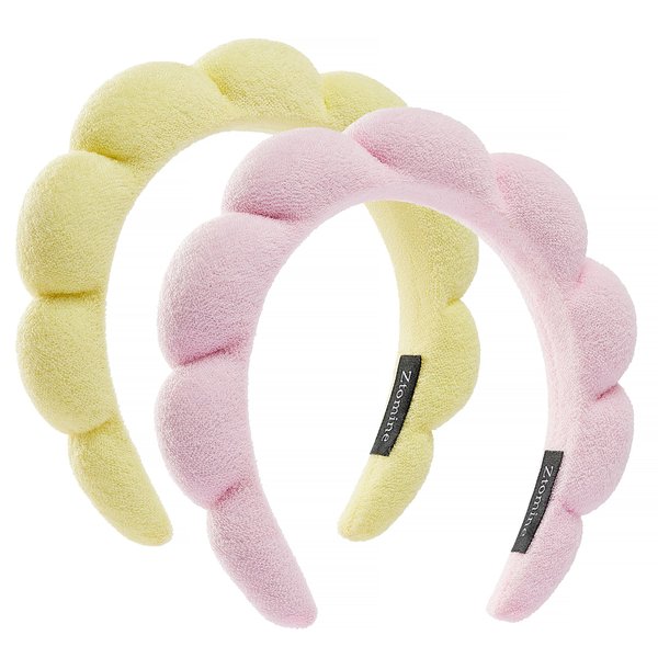 Ztomine Spa Headbands for Washing Face or Facial, Set of 2 Skincare Headbands, Terry Cloth Headband Face Wash Headband Combo Pack - Puffy Makeup Headbands for Face Washing, Mask(Pink + light yellow)