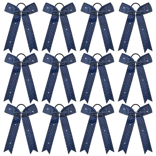 DEEKA 12 PCS Glitter Collegiate Style Cheer Bows Long Tail Full Rhinestones Skinny Shiny Cheer Bow Ponytail Holder Handmade Bows for Girls Teens Cheerleader Sports -Navy Blue