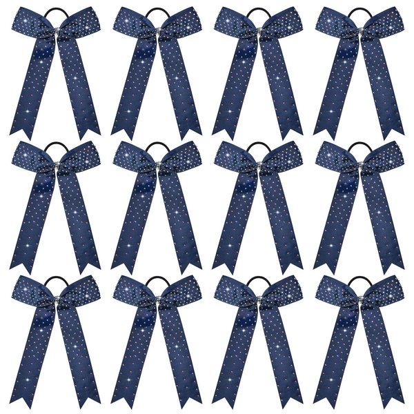DEEKA 12 PCS Glitter Collegiate Style Cheer Bows Long Tail Full Rhinestones Skinny Shiny Cheer Bow Ponytail Holder Handmade Bows for Girls Teens Cheerleader Sports -Navy Blue