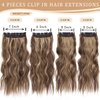 Wavy Hair Extension for Women 20 Inch Long Wavy Hairpieces Black Brown Clip in Hair Extensions Fiber Double Weft Hair 4PCS Full Head Thick Synthetic Clip in Hairpieces(Honey Blonde Mixed Light Brown)