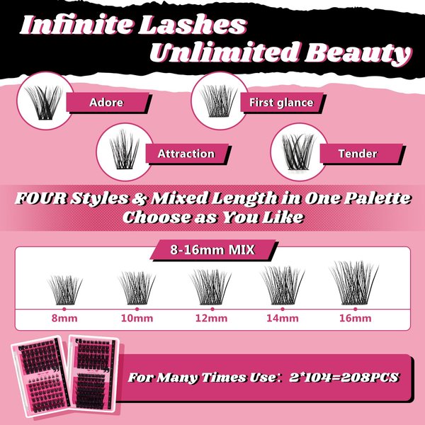 DIY Lash Extension Kit Cluster Lashes Kit with 208 Pcs Lash Clusters Lash Bond Remover Eyelash Applicator Beginner DIY Lashes Kit Easy to Use(DIY Lash Kit,4 Styles Mix-B)