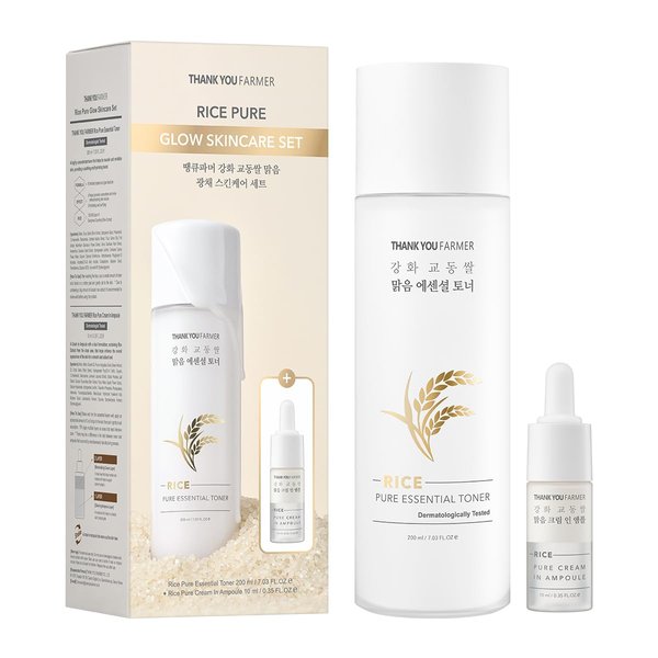 THANKYOU FARMER Rice Pure Skincare Set, Full Size Toner(7.03 fl oz) + Mini Size Ampoule(0.35 fl oz) Korean Skincare Set, Glass Skin Korean Skincare