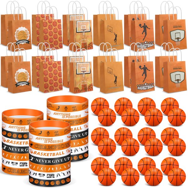 ShinyRelief 72 Pcs Basketball Party Favors Set,24 Basketball Paper Bags 24 Basketball Silicone Wristbands 24 Basketball Stress Balls Basketball Goodie Bag Fillers Birthday Party Supplies Favor Gifts